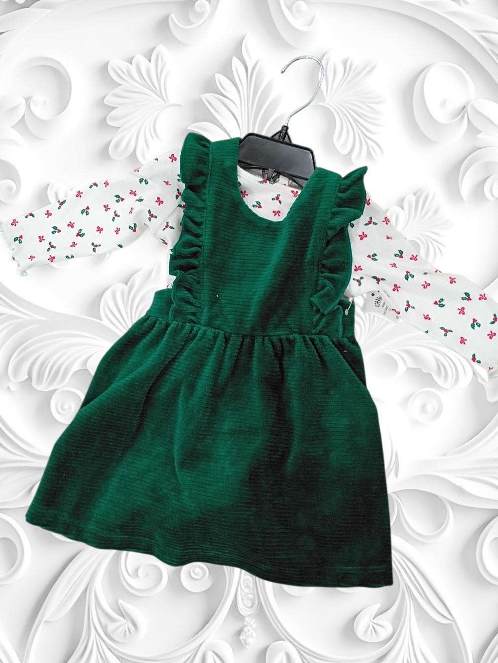 Little Me Green Corduroy Ruffle Pinafore Dress with Cherry Print Top